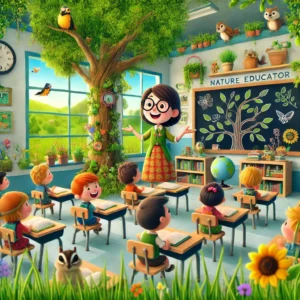 dall·e 2024 12 17 17.35.15 a fun and whimsical animated scene showing a nature themed classroom. the classroom has trees growing inside, grass covering the floor, flowers sprout